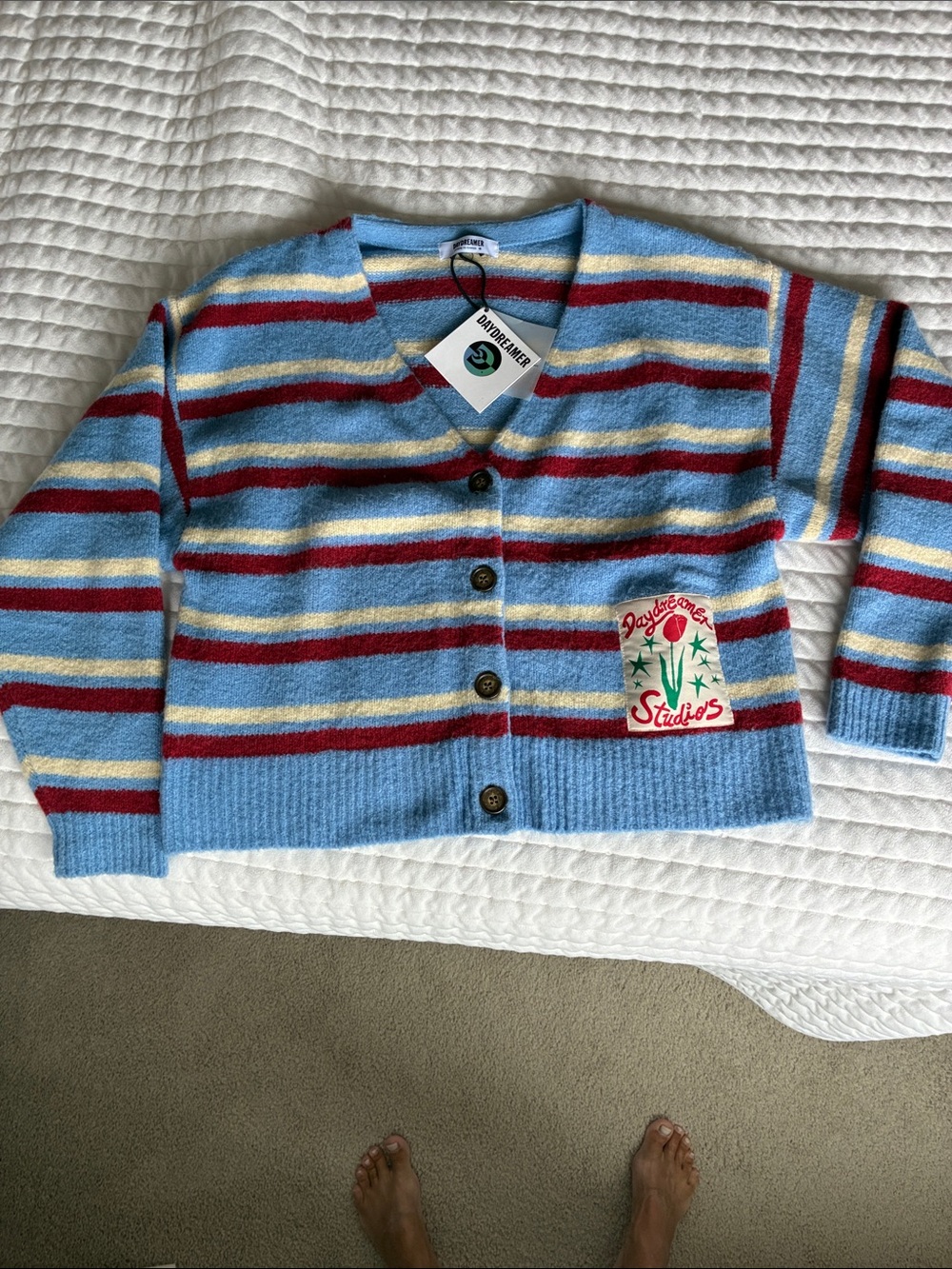 Daydreamer Blue Striped Button Cardigan with Red and Cream Accents